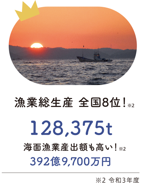 漁業総生産 全国８位！：128,375t、海面漁業産出額も高い！（令和３年度）：392億9,700万円